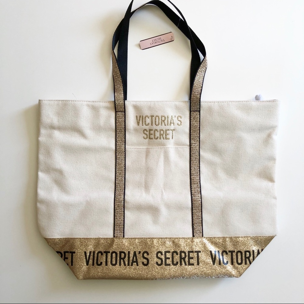 Victoria’s Secret Cream Gold Glitter Canvas Tote